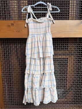 STORIA Pastel Plaid Smocked Tiered Maxi Dress Size Small